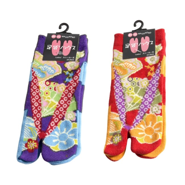 chaussettes tabi japonaises motif geta fleurs rouge violet