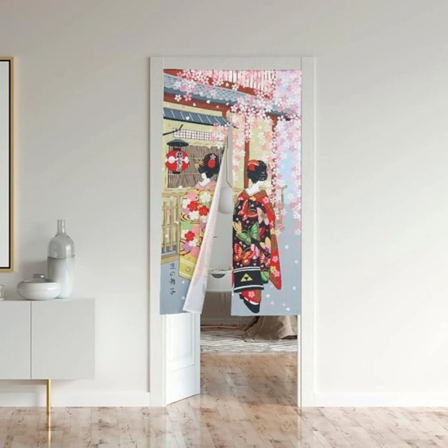 Noren japonais Promenade dans le vieux Kyoto – Fabriqué au Japon Noren japonais Geishas sous les sakura dans le vieux Kyoto