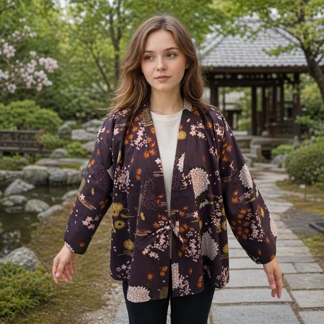 Haori femme mauve en coton avec motifs Sakura et fleurs japonaises porté semi ouvert