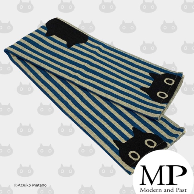 Serviette japonaise en gaze de coton bleue et blanche motif chat MMST Atsuko Matano fabriquée au Japon