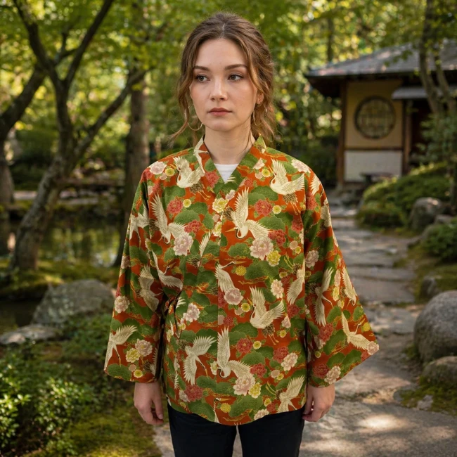 Haori femme en coton orange tissu japonais porté croisé Modern and Past