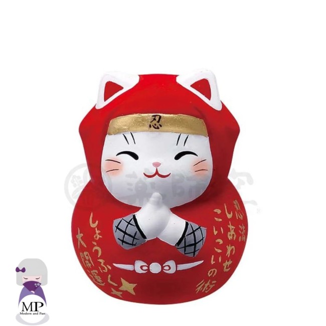 Porte-bonheur Neko Ninja Daruma japonais avec prophétie - rouge