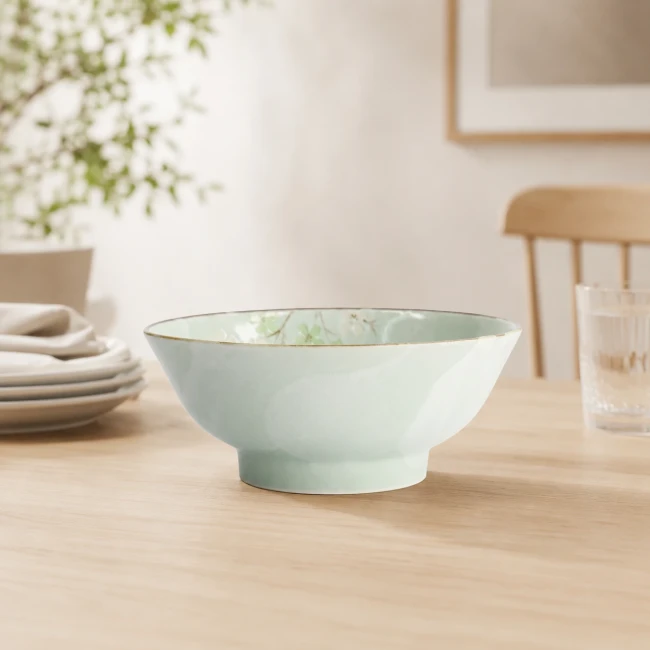 Bol à ramen Green Cosmos vert menthe en grès avec fleurs en relief
