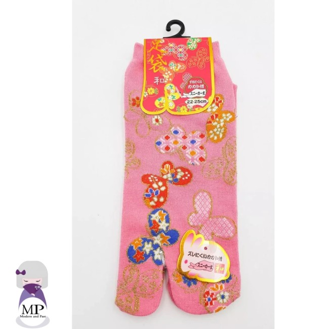 Chaussettes japonaises Tabi motif papillons en coton taille 34-40 - rose