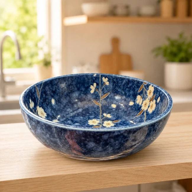 Saladier japonais bleu motifs floraux - Modern and Past Saladier japonais bleu foncé en céramique - Modern and Past