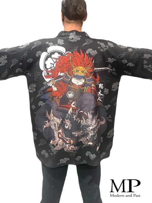 Kimono long Samouraï chat Neko – Haori japonais unisexe Kimono long moderne japonais Samouraï chat Neko haori unisexe streetwear