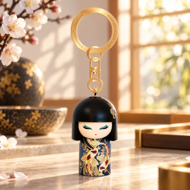 Porte-clés Kimmidoll Rikiyo – Détermination | Modern and Past Porte-clés Kimmidoll Rikiyo, mini Kokeshi japonaise aux carpes koï dorées – Modern and Past