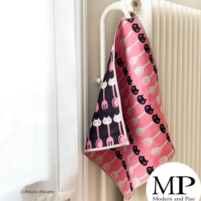 serviette japonaise rose gaze coton chats cuillère fourchette