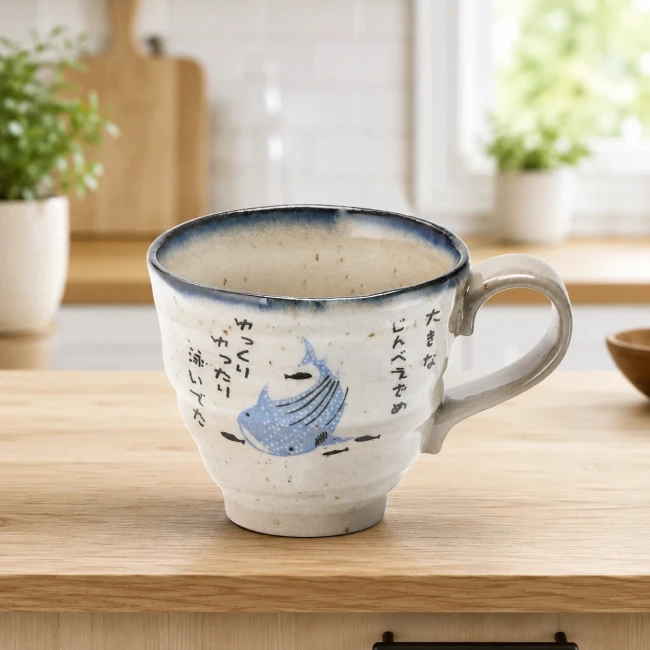 Mug japonais requin-baleine Jinbei fait main au Japon Mug japonais requin-baleine Jinbei en céramique fait main au Japon Modern and Past