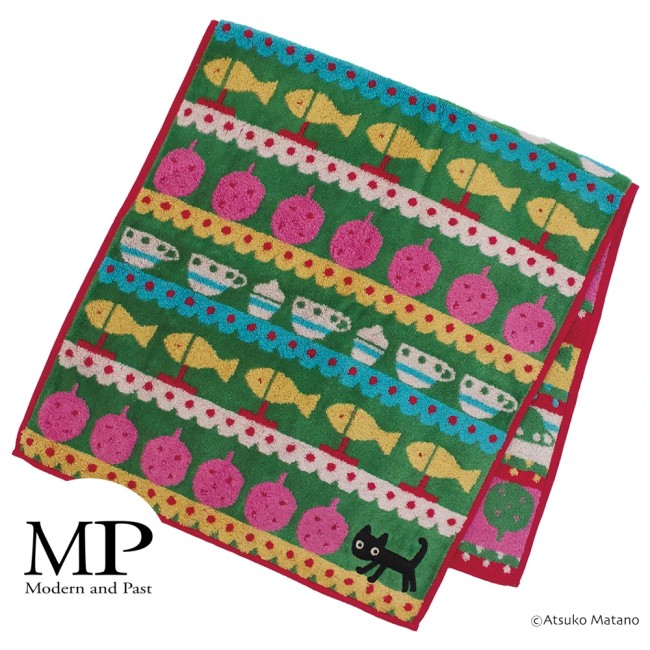 grande serviette japonaise verte motif chat MMBB Atsuko Matano
