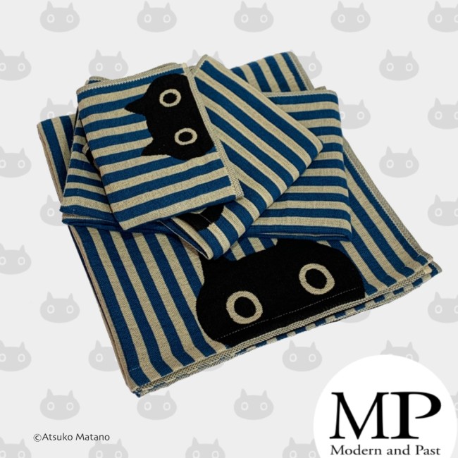 Serviette japonaise en gaze de coton bleue et blanche motif chat MMST Atsuko Matano fabriquée au Japon