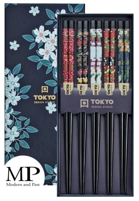 Coffret de 5 paires de baguettes japonaises en bois noir motifs fleurs de cerisier Tokyo Design
