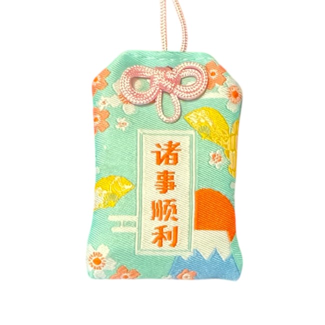 Omamori japonais réussite affaires turquoise motifs traditionnels