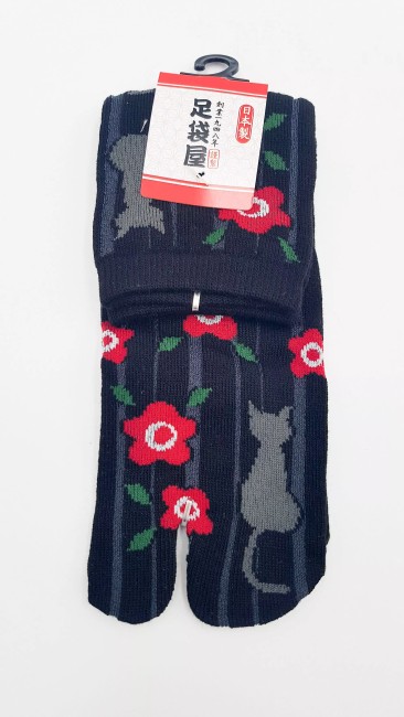 Chaussettes Tabi japonaises Chat noir Sakura Chaussettes japonaises Tabi motif chat noir et fleurs de Sakura - noir