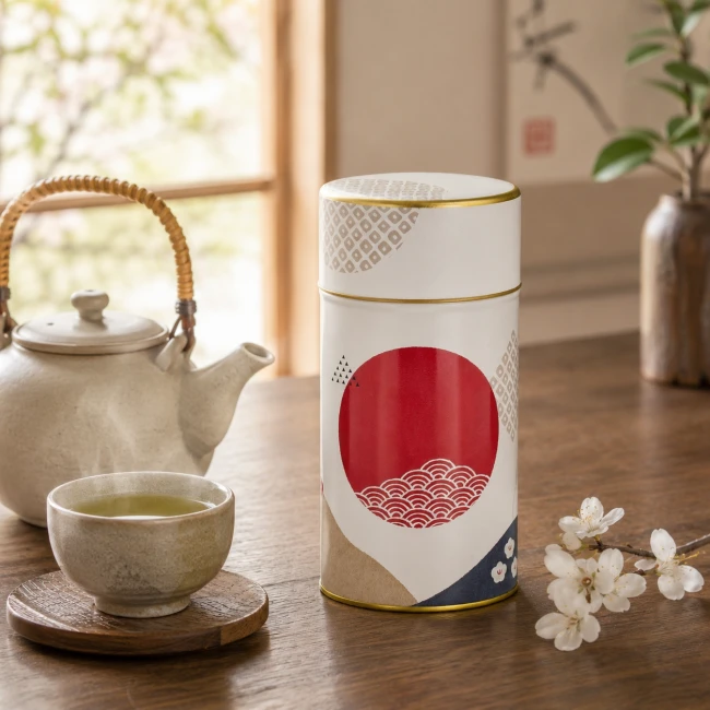 Boîte à thé japonaise Tsukihi crème 200 g fabriquée au Japon - Modern and Past Boîte à thé japonaise Tsukihi crème avec soleil rouge - Modern and Past