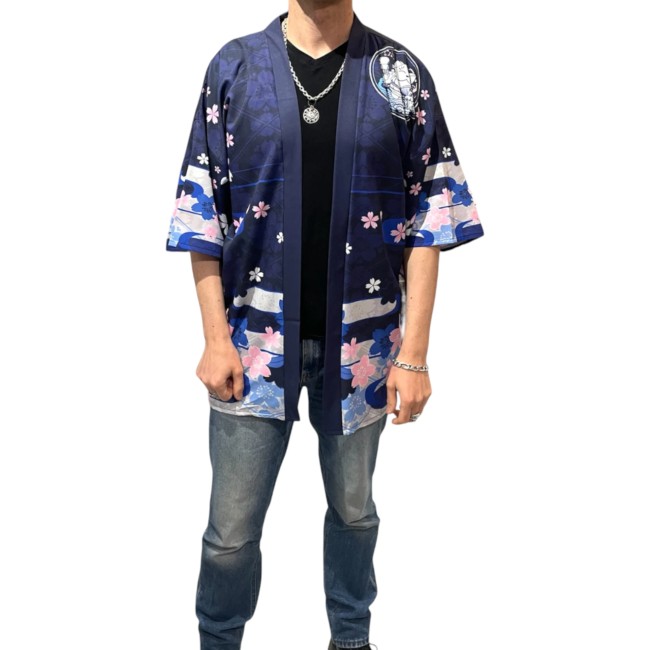Kimono moderne japonais unisexe – Maneki Neko bleu