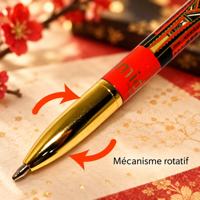 Stylo à bille Kimmidoll Yukina – Mécanisme rotatif | Modern and Past Stylo à bille Kimmidoll Yukina rouge avec inscriptions japonaises et finitions dorées – Modern and Past