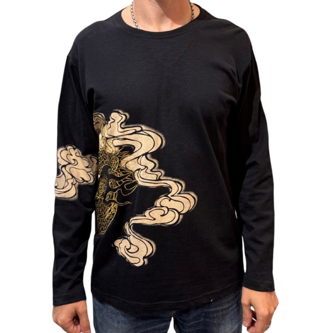 T-shirt Sukajan noir dragon doré brodé en relief et nuages