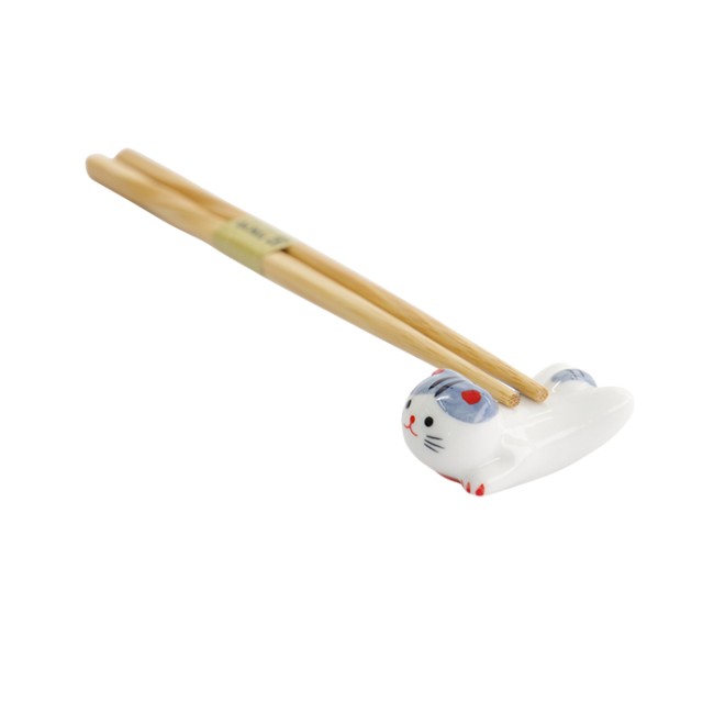 Repose-baguettes chat Neko allongé en porcelaine blanc et bleu fabriqué à la main