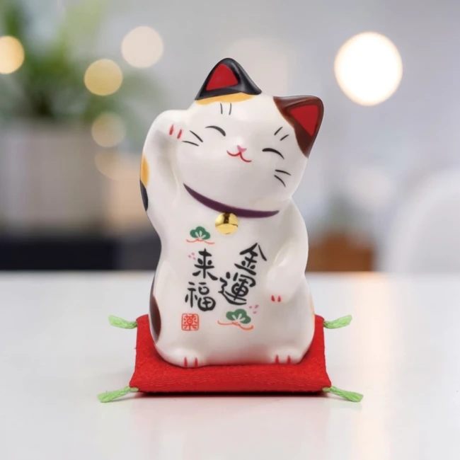 Figurine japonaise Maneki Neko Kinunraifuku en porcelaine faite main au Japon chez Modern and Past