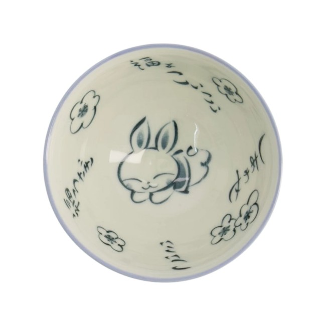 Bol japonais en céramique bleu avec lapin, fleurs et kanji