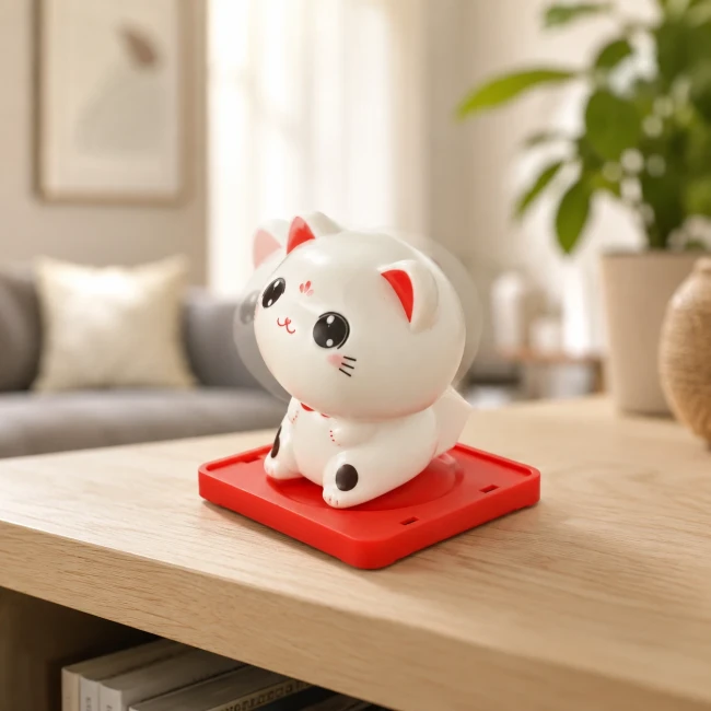 Mini chat porte-bonheur mobile solaire Maneki Neko blanc sur socle rouge Modern and Past