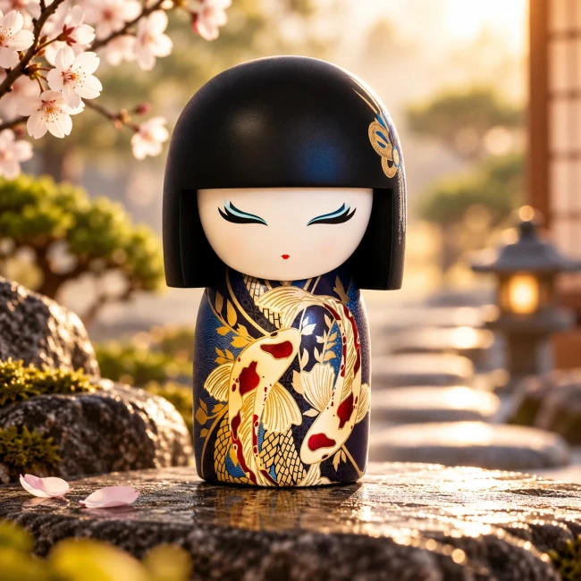 Figurine Kimmidoll Rikiyo 10 cm, Kokeshi japonaise bleu nuit avec carpes Koï dorées – Modern and Past