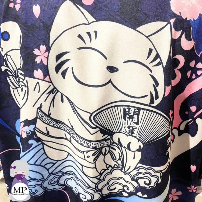 Kimono moderne japonais unisexe – Maneki Neko bleu