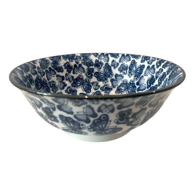 Bol à ramen blanc papillons bleus fabriqué au Japon - modern and Past