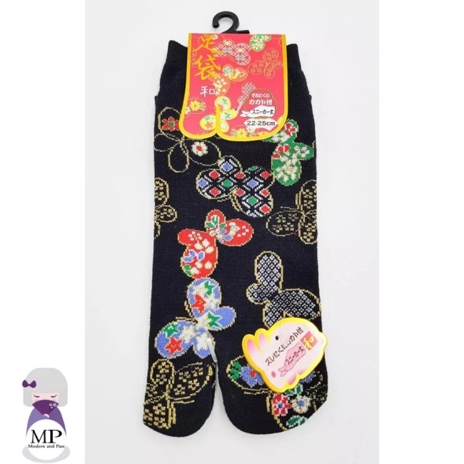 Chaussettes japonaises Tabi motif papillons en coton taille 34-40 -noir