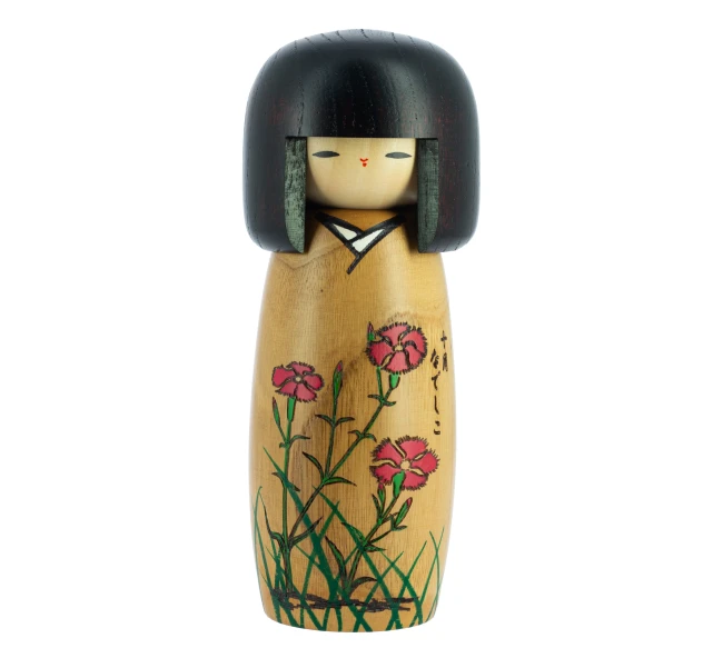 Kokeshi Nadeshiko japonaise artisanale aux œillets roses - Modern and Past Poupée Kokeshi Nadeshiko faite main au Japon œillets roses - Modern and Past