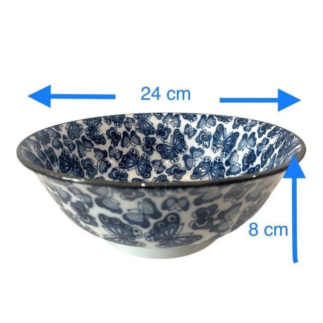 Bol à ramen blanc papillons bleus fabriqué au Japon - modern and Past