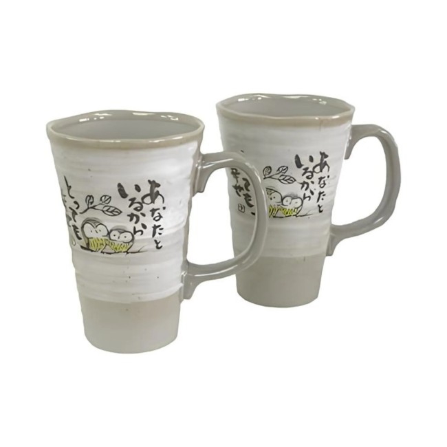 Mug Japonais Fukuro en Grès – Hiboux et Kanji Mug japonais artisanal Fukuro en grès, motifs hiboux et kanji