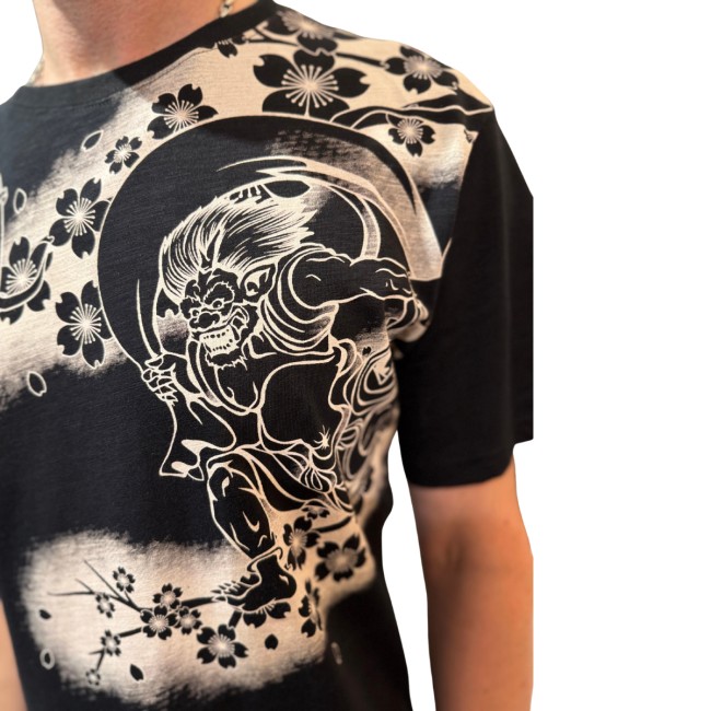 T-shirt Sukajan noir brodé Raijin et Fujin dieux japonais