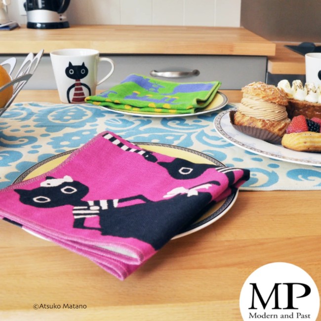 serviette japonaise rose gaze coton motif Chat Mémé