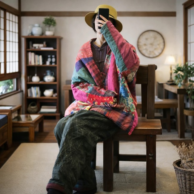 Cape manteau patchwork coloré 100% coton style asiatique Cape manteau asiatique patchwork coloré en coton