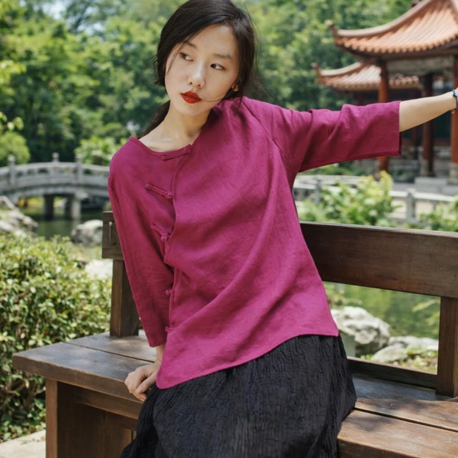 chemisier asiatique rose manche trois quart coton