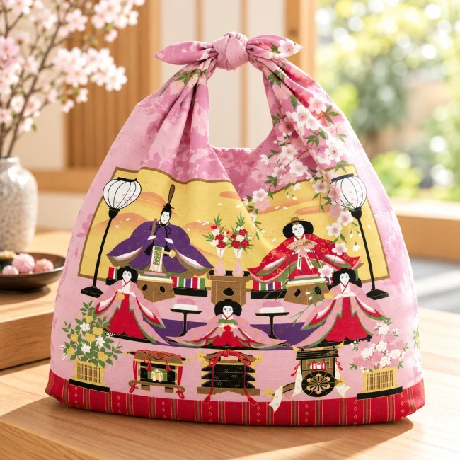 Furoshiki Hina Matsuri 50 × 50 cm - Irodori Jiki - Modern and Past Furoshiki japonais Hina Matsuri 50 cm en coton motif poupées Hina et fleurs de cerisier - Modern and Past