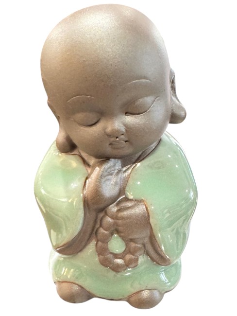 Figurine moine bouddhiste en céramique faites main tons terre et vert turquoise - Debout