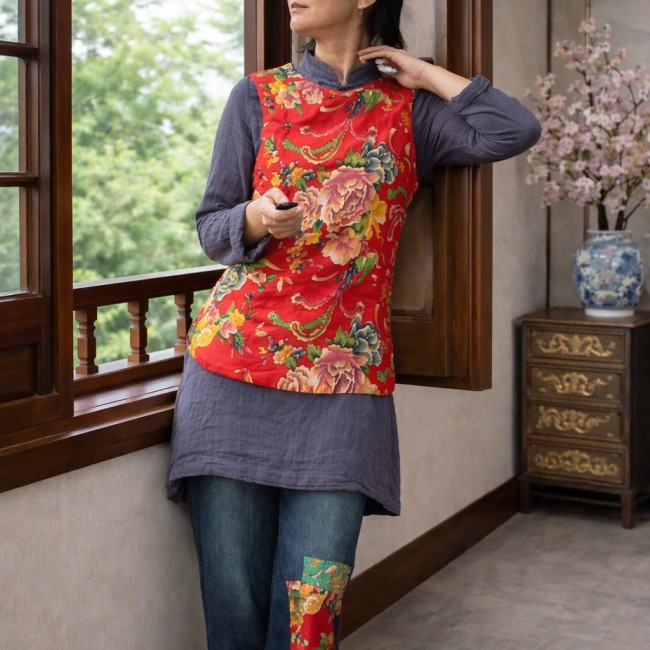 gilet asiatique rouge sans manche double couche coton laine