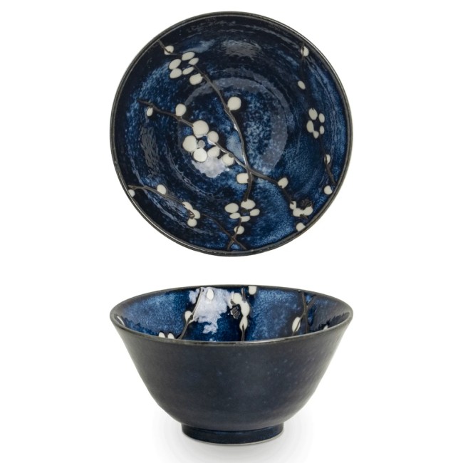 Bol japonais à soupe Sakura Hana bleu en céramique japonaise