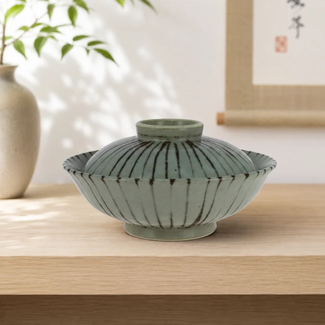 Bol japonais avec couvercle Ligne Élégant gris vert en porcelaine - Modern and Past