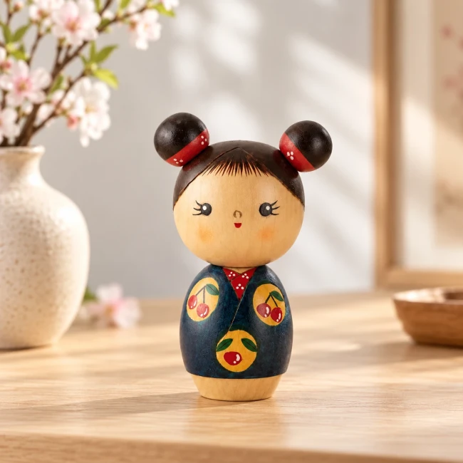 Poupée japonaise Kokeshi Sakuranbo bleue aux motifs de cerises - Modern and Past