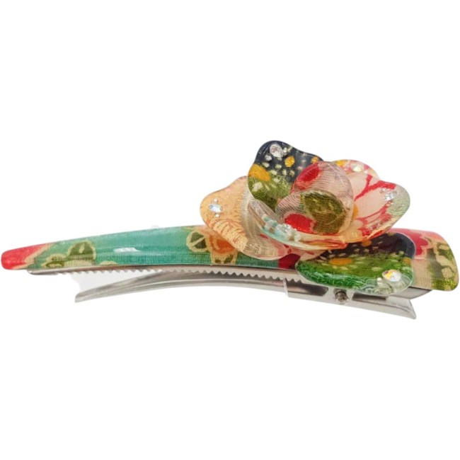 Pince à cheveux japonaise en tissu chirimen vert multicolore cristallisé