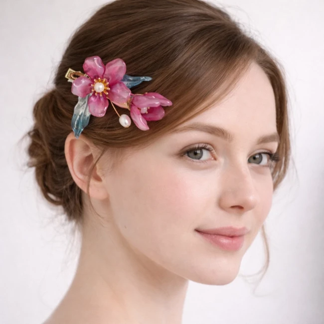 Pince à cheveux japonaise fleur rose en verre sur coiffure Modern and Past Pince à cheveux japonaise fleurs rose et bleu portée dans les cheveux Modern and Past