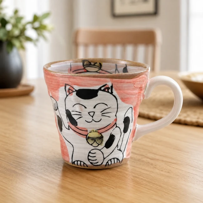 Mug Kobiki Neko rose vue de côté Mug Kobiki Neko rose fait main au Japon avec motif chat japonais Modern and Past