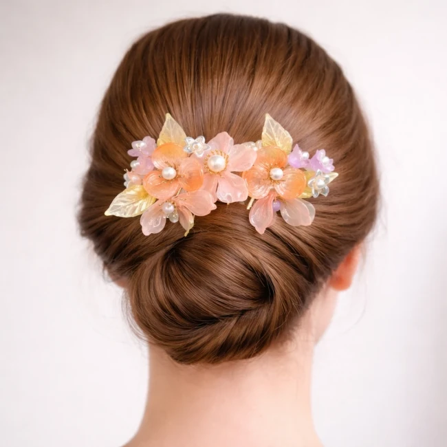 Barrette à cheveux japonaise fleurs rose orange - Modern and Past Barrette japonaise fleurs rose orange en verre Modern and Past