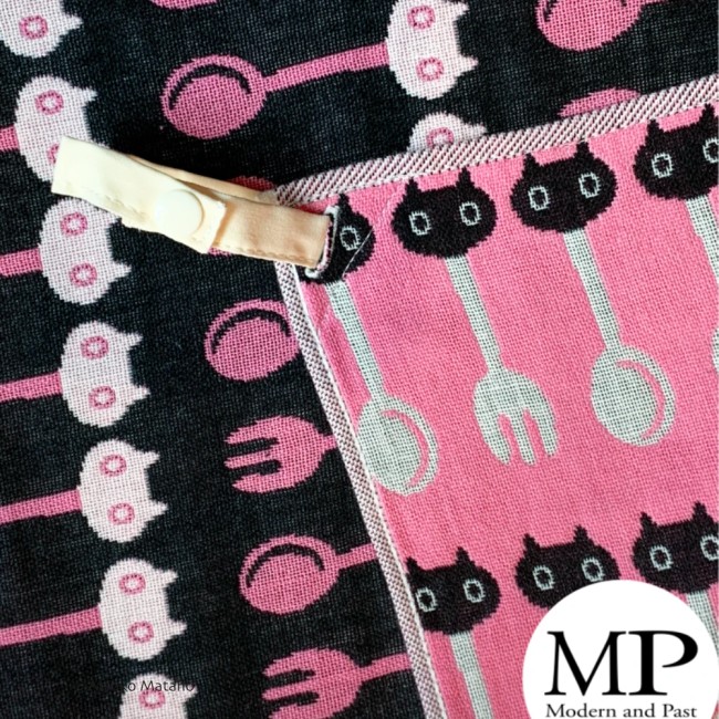 serviette japonaise rose gaze coton chats cuillère fourchette