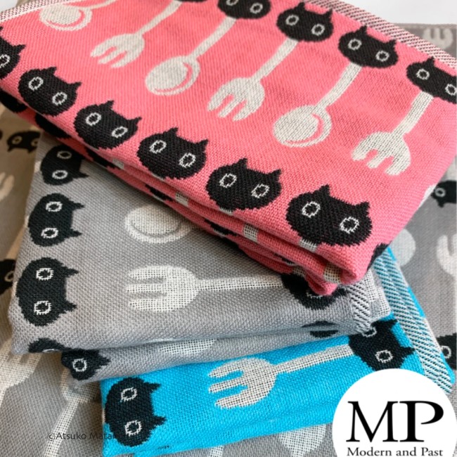 serviette japonaise rose gaze coton chats cuillère fourchette