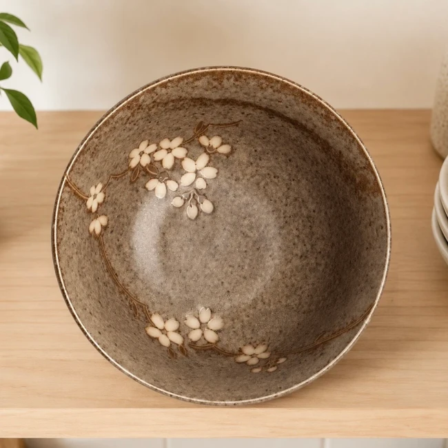 Bol japonais fleurs de cerisier en relief - Modern and Past Vue intérieure du bol japonais taupe décor Sakura - Modern and Past